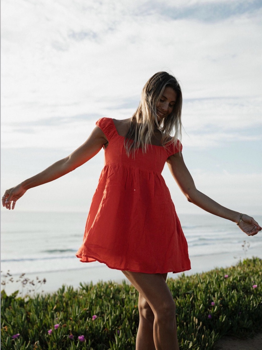 Solai Amalfi 100% Linen Mini Dress Red Linen Babydoll Beach Vacation Size Medium - Picture 4 of 13
